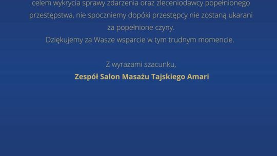 Atak na Salon Masażu Tajskiego Amari w Lublinie: Zarząd ustalił nagrodę.