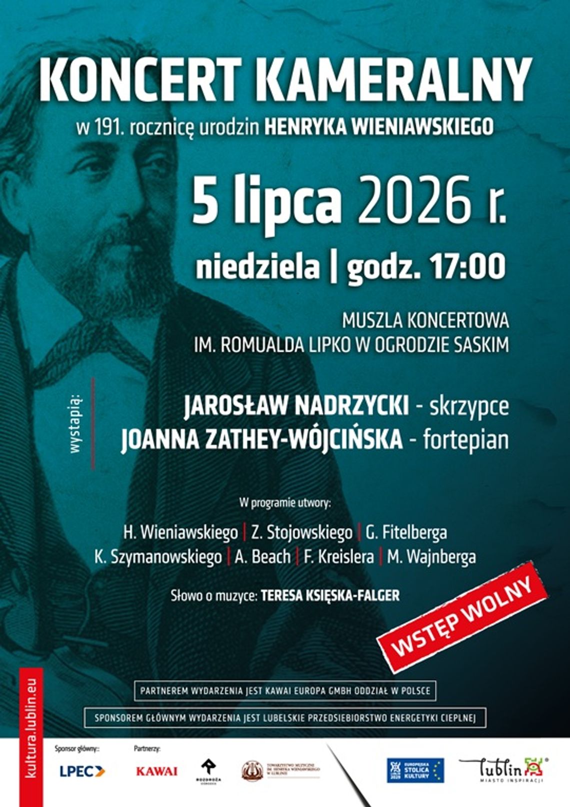 Lublin uczci urodziny Henryka Wieniawskiego. Bezpłatny koncert w Ogrodzie Saskim Lublin uczci urodziny Henryka Wieniawskiego. Bezpłatny koncert w Ogrodzie Saskim
